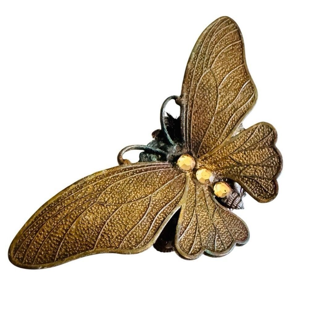 Vintage BoHo Butterfly Brooch copper with Rhinestones - Estate Jewelry - 3 in.